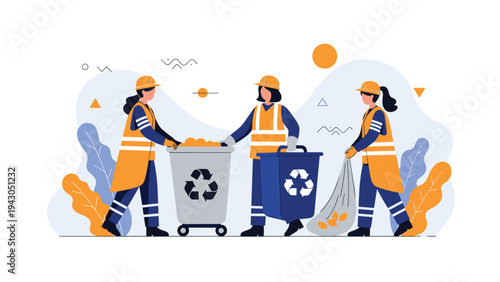Team of sanitation workers in reflective vests and safety gear collecting trash and sorting recyclable waste into labeled bins for environmental care.