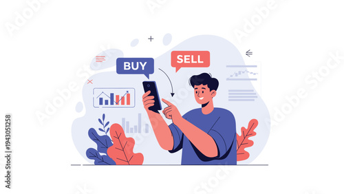 Young man using a smartphone to trade stocks online with buy and sell buttons and financial growth charts in a modern digital environment.