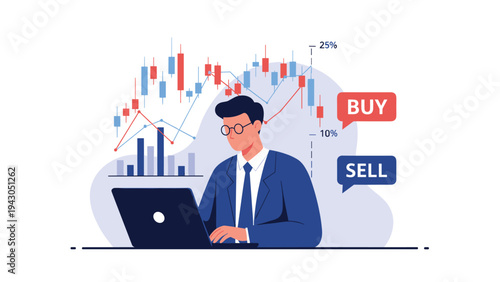 Professional businessman sitting at a desk and working on a laptop with financial stock market graphs and candlestick charts for investment analysis.