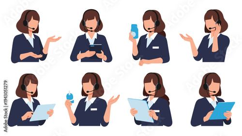 Set of professional female call center agents wearing headsets and providing customer support with tablets, clipboards, and various communicative gestures.