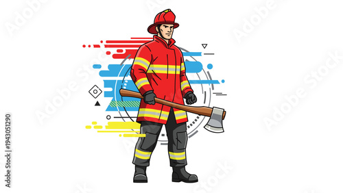 Brave firefighter in a red protective uniform and helmet holding a large axe against a colorful abstract background of geometric shapes and symbols.