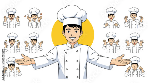 Professional chef character set displaying multiple expressions and gestures from happy to surprised for culinary projects.