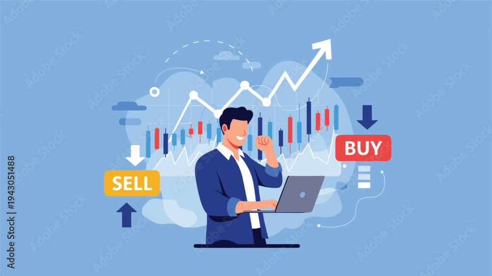 Naklejka premium Excited investor celebrating a successful trade in front of a bullish stock market chart and buy sell signals on a blue background.