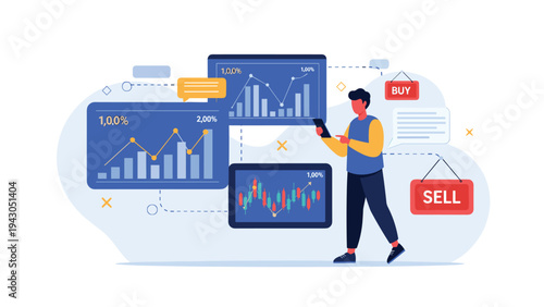 Financial professional using a tablet to analyze various stock market data dashboards for making informed investment choices.