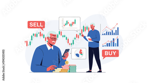 Senior investor managing his wealth using a smartphone with stacks of coins and financial charts indicating active trading.