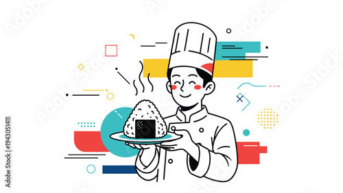 Friendly chef character presenting a hot and fresh japanese onigiri rice ball with a vibrant decorative background.
