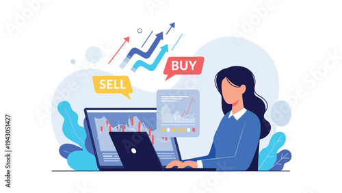 Professional woman using a laptop to trade stocks in a bullish market environment with clear buy and sell signals shown.