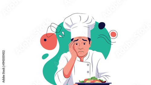 Stressed professional chef feeling anxious and overwhelmed while inspecting a dish in a high pressure kitchen environment.