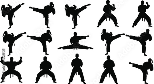 Karate martial arts silhouettes set with kicking fighting and training poses isolated vector collection for combat sport, self defense practice and martial arts design