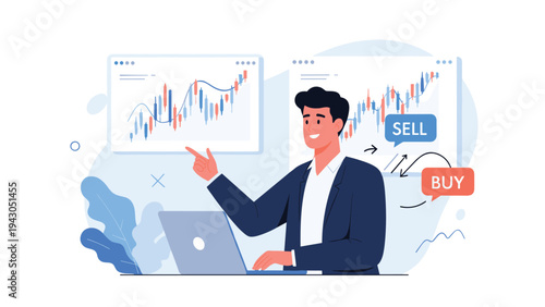 Financial analyst pointing at a bullish candlestick chart on a digital display while working on a laptop to trade stocks.