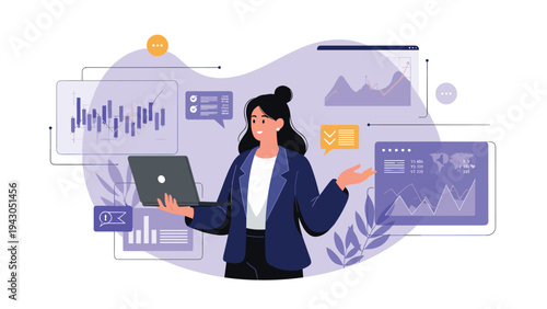 Businesswoman presenting a wide array of financial analytics and data visualizations on a large interactive digital display.