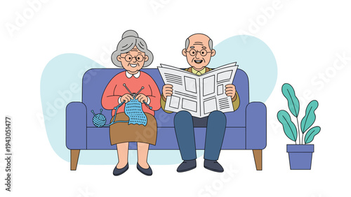 Happy elderly couple enjoying their retirement while sitting on a blue sofa with knitting and reading a newspaper together.
