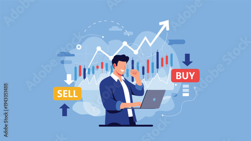 Excited investor celebrating a successful trade in front of a bullish stock market chart and buy sell signals on a blue background.