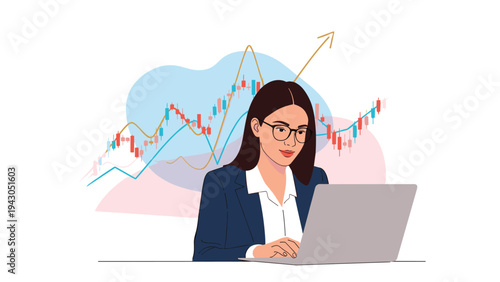Successful female investor working on her laptop while analyzing rising stock market trends and financial charts for growth.