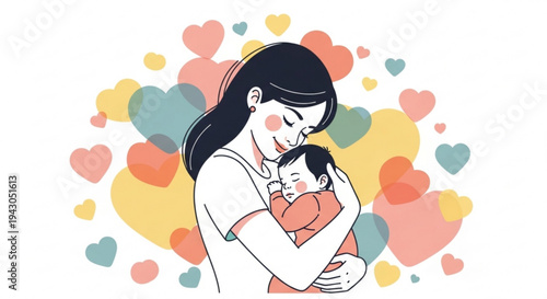 Mother tenderly holding and cuddling her baby with love and care surrounded by colorful hearts