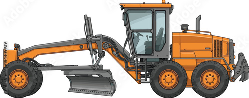 Motor grader construction vehicle vector illustration isolated on white background heavy road construction machinery used for leveling grading and infrastructure work