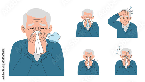 Senior man suffering from various illness symptoms including sneezing coughing and fever representing age related health issues.