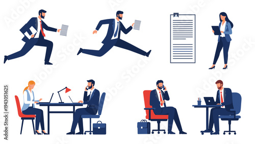 Diverse business team engaged in various office activities including running with documents and working at desks for productivity.