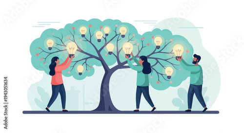 People collecting lightbulbs from a large idea tree, business innovation concept vector illustration