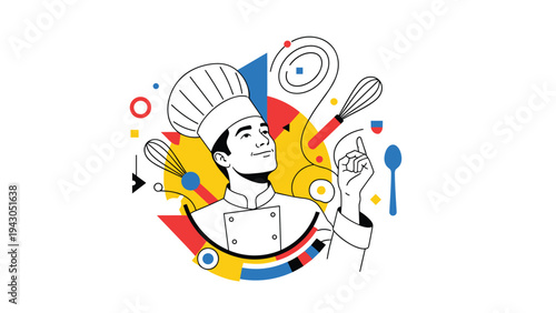 Professional chef in a white toque surrounded by kitchen utensils and abstract geometric patterns in a clean modern illustration style.