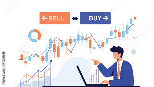 Male trader analyzing financial data on a laptop with rising candlestick charts and buy sell buttons representing online stock trading.