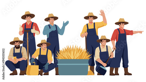 Team of male farmers wearing straw hats and blue overalls standing together with tools around a large container of harvested hay crops.