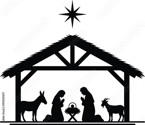 Nativity scene silhouette with Mary Joseph baby Jesus manger star stable donkey and goat Christian Christmas vector illustration