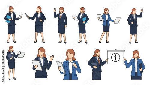 Professional businesswoman in a formal suit shown in multiple poses holding documents and presenting an information board for work.