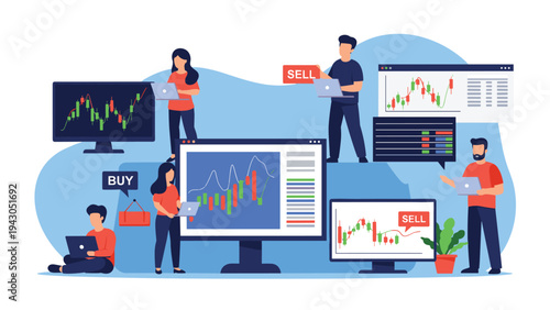 People working on laptops and desktop computers while analyzing real-time stock market data with buy and sell labels in a modern office.