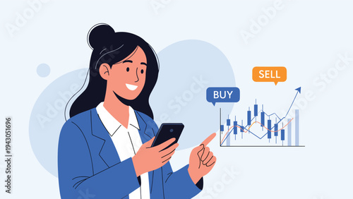 Smiling businesswoman using her smartphone to monitor the stock market with digital candlestick charts and trading buttons on screen.