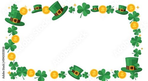 Saint Patrick's Day frame with green hats, shamrocks, and gold coins on a white background, ideal for celebration decoration