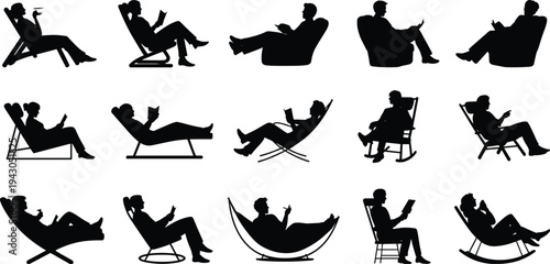 Silhouette vector illustration of people sitting in chairs reading or using devices, leisure lifestyle design showing comfort relaxation and ergonomics