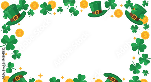 Saint Patrick's Day frame with green hats, clover, and gold coins on white background, ideal for celebration decoration or banner design
