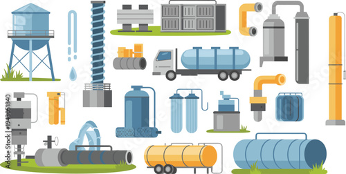 Industrial water supply and treatment infrastructure with tanks, pipelines, filtration systems, pumps and storage facilities, utility engineering vector illustration set