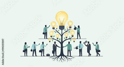 Business people cultivating a lightbulb idea tree for growth and innovation