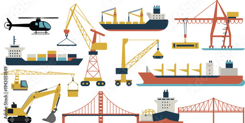 Industrial shipping and port logistics icons including cargo ships, cranes, excavator, helicopter and bridge infrastructure for transportation and maritime industry vector set