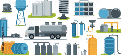 Industrial water treatment and storage equipment set with tanks, filtration units, pipelines and tanker truck, utility infrastructure vector illustration