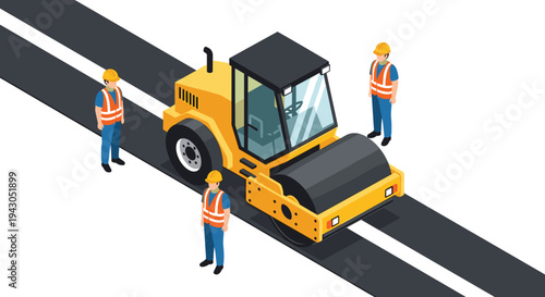 Isometric road construction scene with asphalt roller compactor and construction workers vector illustration for highway paving infrastructure development and engineering work