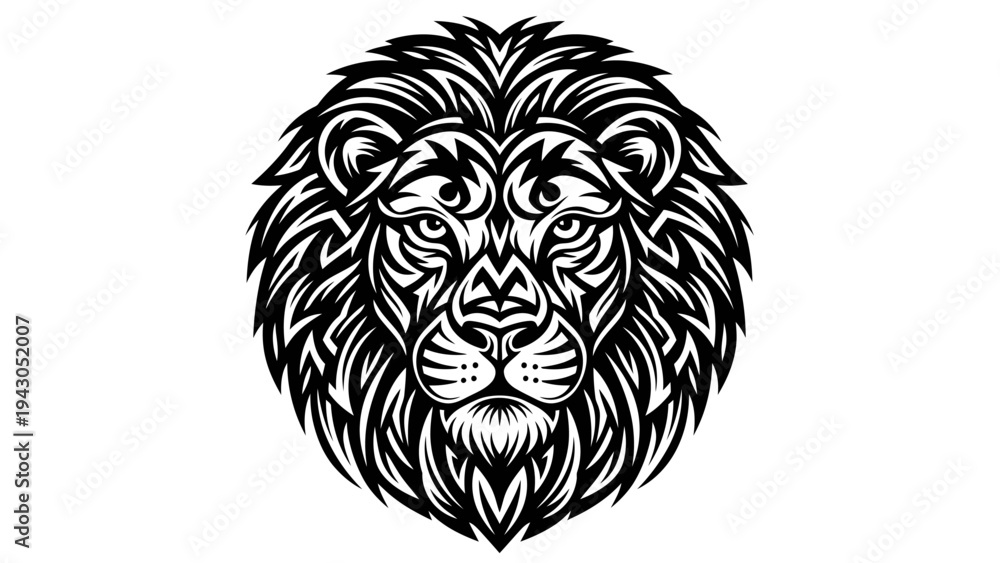 Fototapeta premium Intricate lion head illustration in black and white against a clean white background