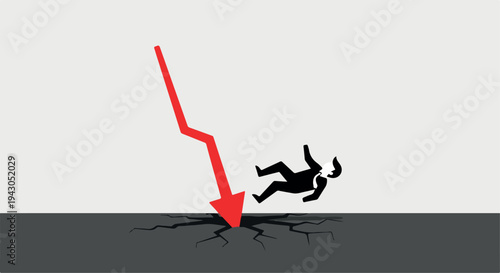 Red Arrow Falling into Cracked Ground with Falling Man Icon