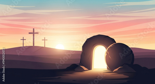 Easter morning sunrise with empty tomb and crosses on hill symbolizing resurrection and hope