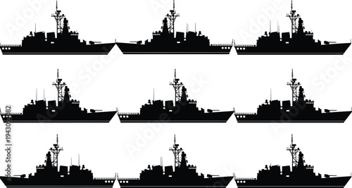 Military warship silhouettes set with naval destroyer and battleship profiles vector collection for navy defense maritime fleet illustration isolated