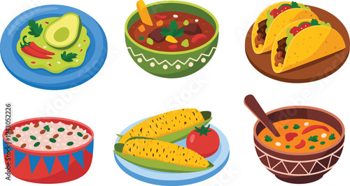 Traditional Mexican dishes assortment including guacamole, hearty stew and soup, tacos, rice and beans, grilled corn, authentic festive food vector illustration