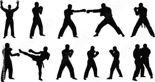 Martial arts and boxing fighter silhouettes set with punching kicking sparring and combat training poses vector collection isolated