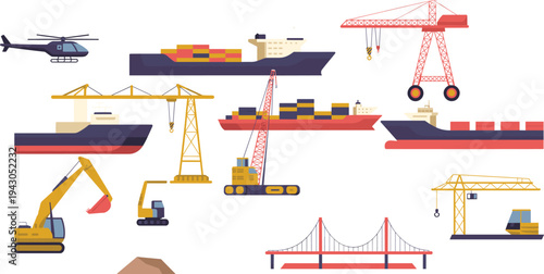 Shipping and port construction equipment set with cargo ships, cranes, excavators, helicopter and bridge infrastructure for maritime logistics vector illustration