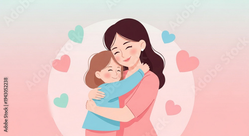 Mother and child embracing with hearts around them on pink background