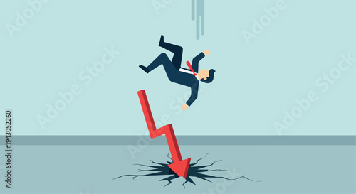 Businessman falling into cracked ground with red downward arrow, business crisis concept