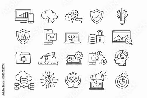 Collection of icons representing various aspects of modern technology and business operations