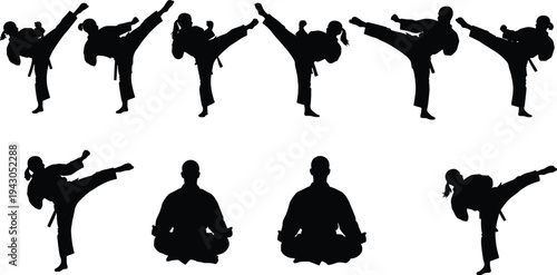 Karate martial arts silhouettes set with high kicks fighting stances and meditation poses vector collection for combat sport training
