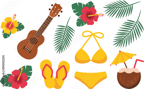 Tropical summer beach set with ukulele, hibiscus flowers, palm leaves, yellow bikini, flip-flops and coconut cocktail — island vacation lifestyle vector collection